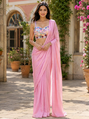 Crepe Saree with Hand-Embroidered Stitched Blouse